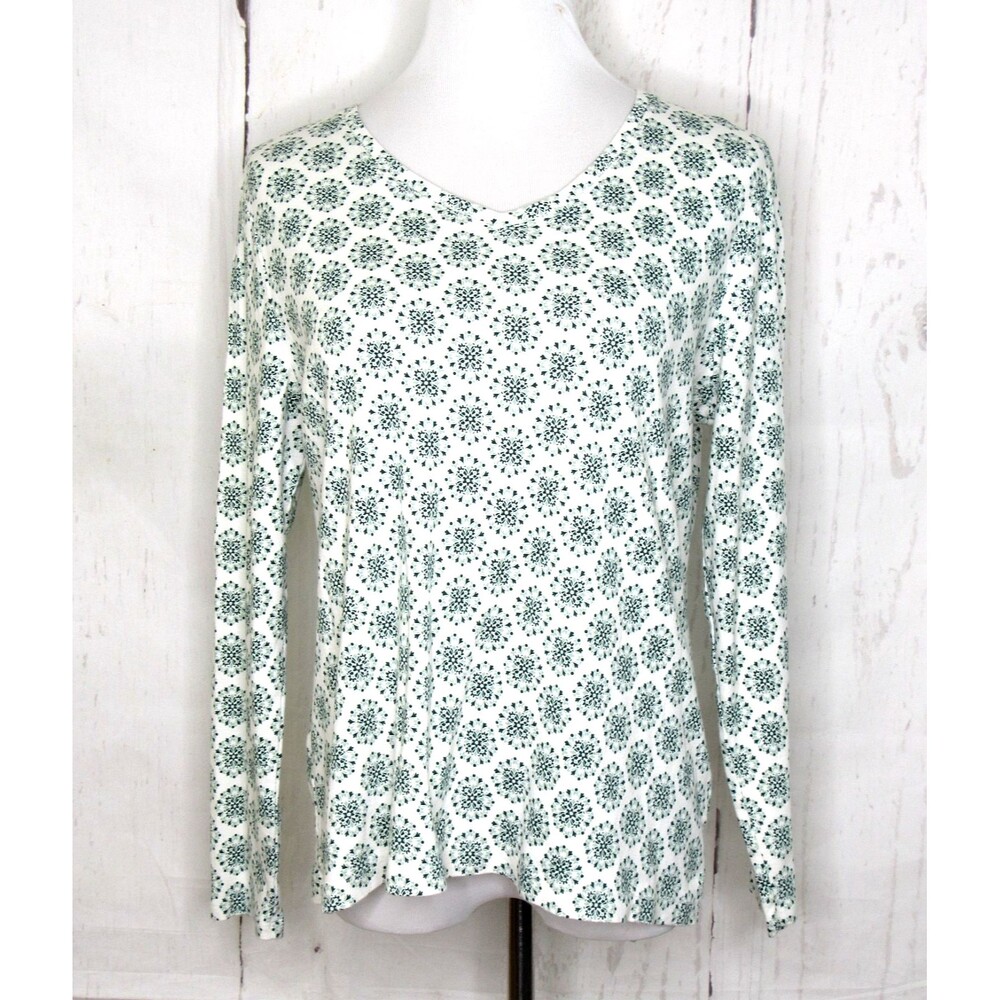 Croft & Barrow Classic Tee Top Long Sleeve V-Neck Green White Floral Size L